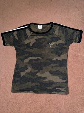 PINK Victoria's Secret Camo Short Sleeve Tee with Black Trim and White Stripe